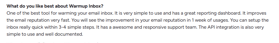 Warmup inbox user review on G2.com