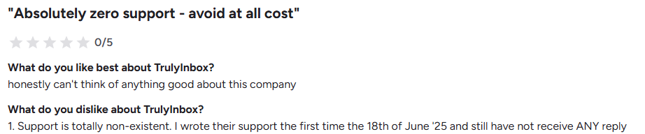Trulyinbox user complaining about poor support