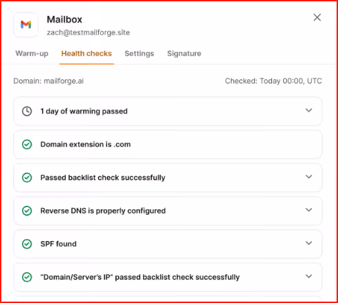 Warmforge mailbox Health checks tab showing passed blacklist checks, reverse DNS configured and SPF found