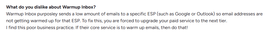 Warmup Inbox user complaining about its limited sending