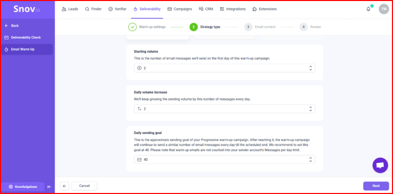 Snov.io email warmup settings- choosing strategy