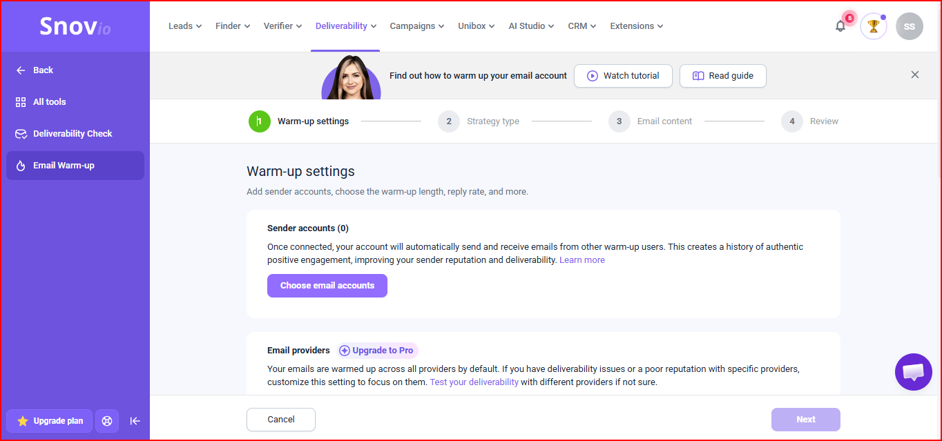 Snov.io email warmup settings