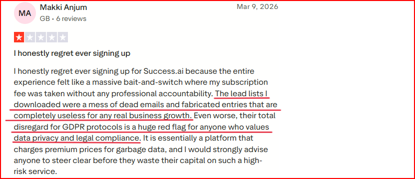 Success AI user complaining about its poor Lead quality