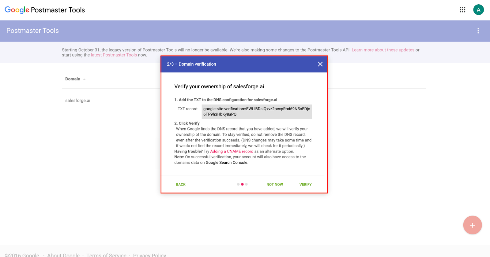 Adding TXT record to verify the domain