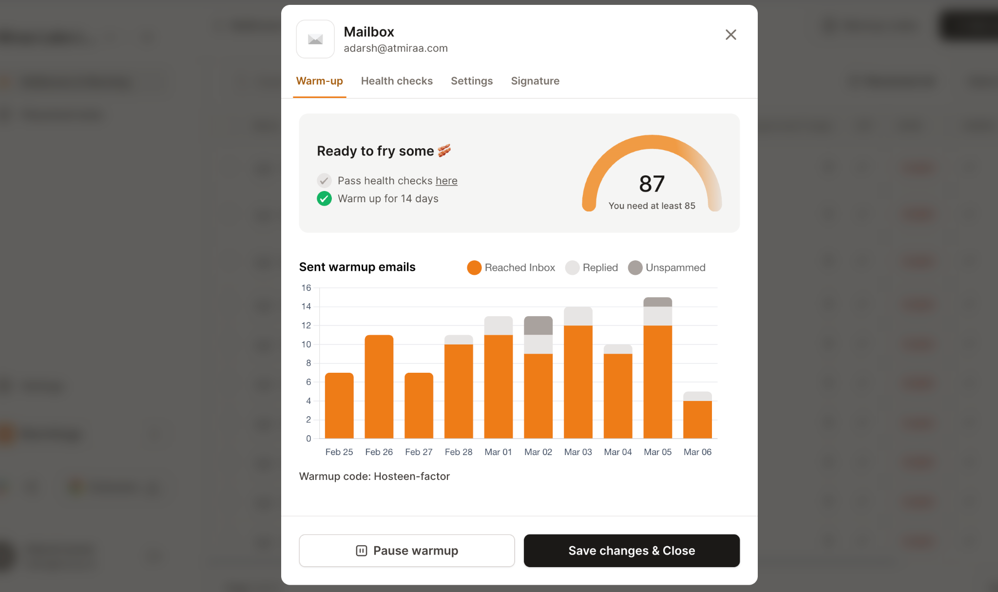 Email warmup report in Warmforge