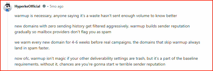 Cold email expert discussion on manual email warmup on Reddit