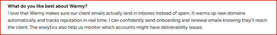 Warmy user talking bout its deliverability and reputation tracking
