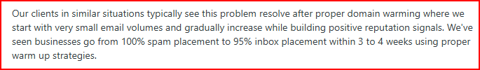 Marketer talking about warmup and saying it helped them reduce spam from 100% to 5%