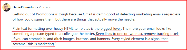 Heavy formatting, large no.of links, styled elements leads to email land in promotion tab