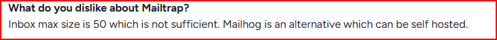 Mailtrap user talking about its limitation - Inbox size