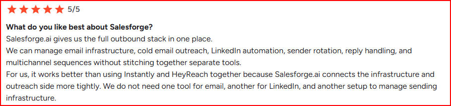 Salesforge user appreciating its Outbound stack