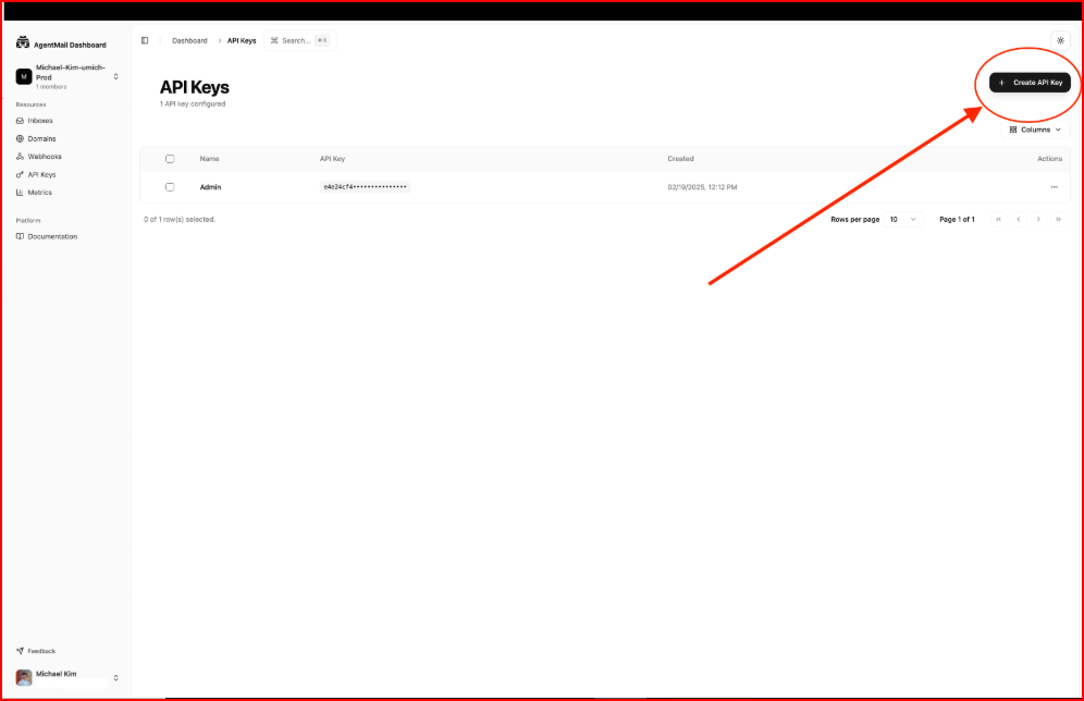 Creating API key in Agentmail API keys section