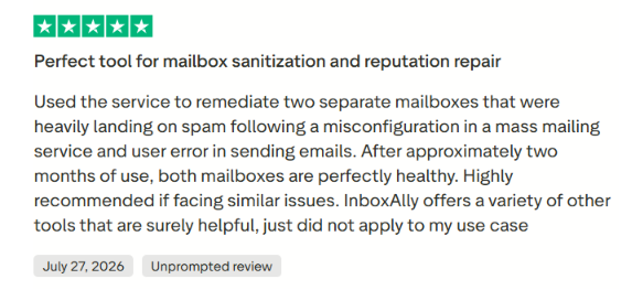 Inbox Ally Trustpilot review about mailboxes