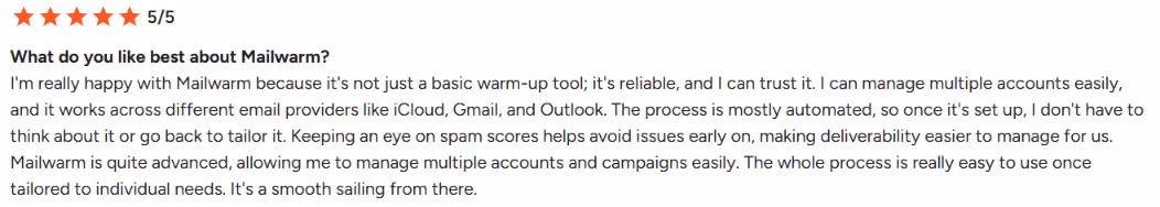 Mailwarm G2 review about deliverability