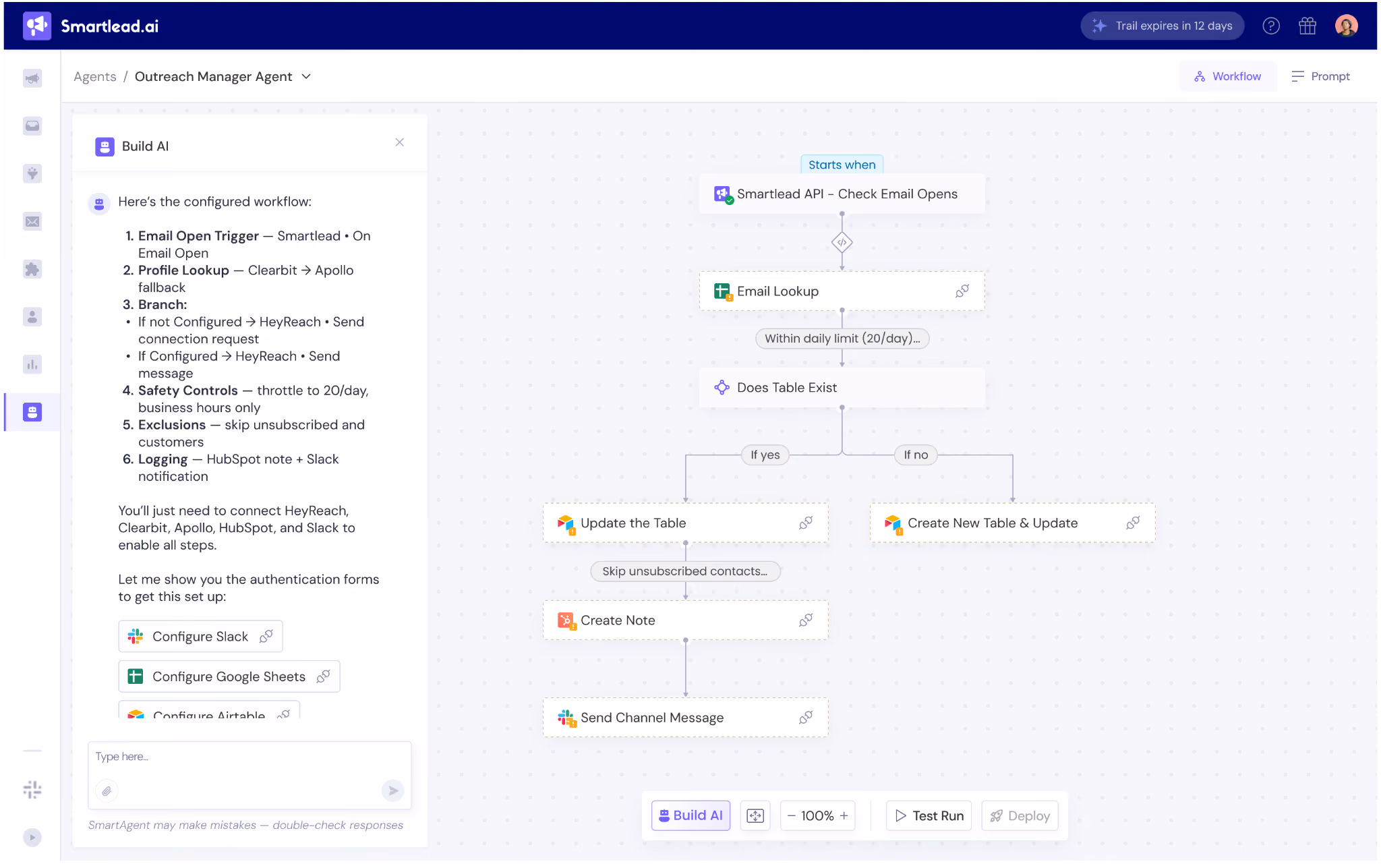 Smartlead SmartAgent workflow builder whose Build AI panel routes LinkedIn connection requests and messages through HeyReach