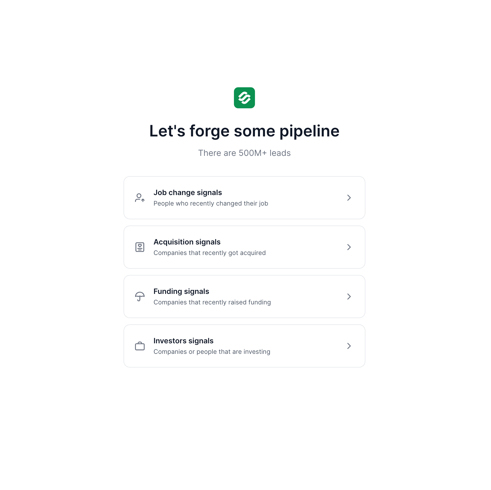 Leadsforge Signals screen showing job change, acquisition, funding and investor signal types