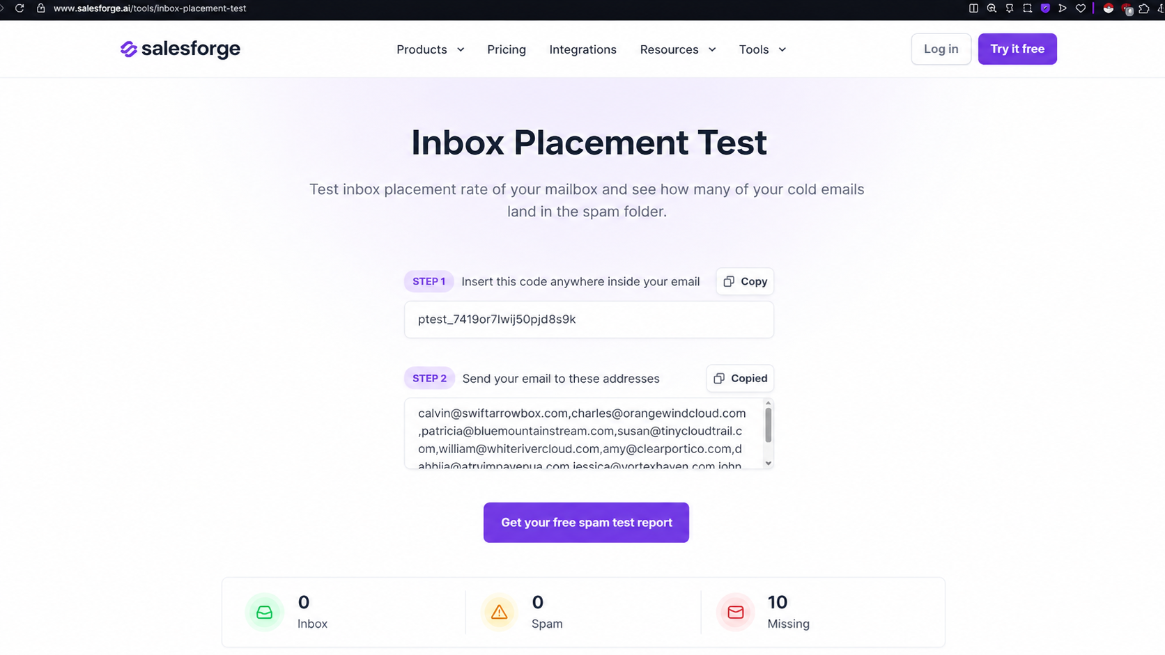 Salesforge Inbox Placement Test