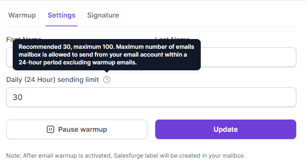 This image shows warmup settings for each mailbox