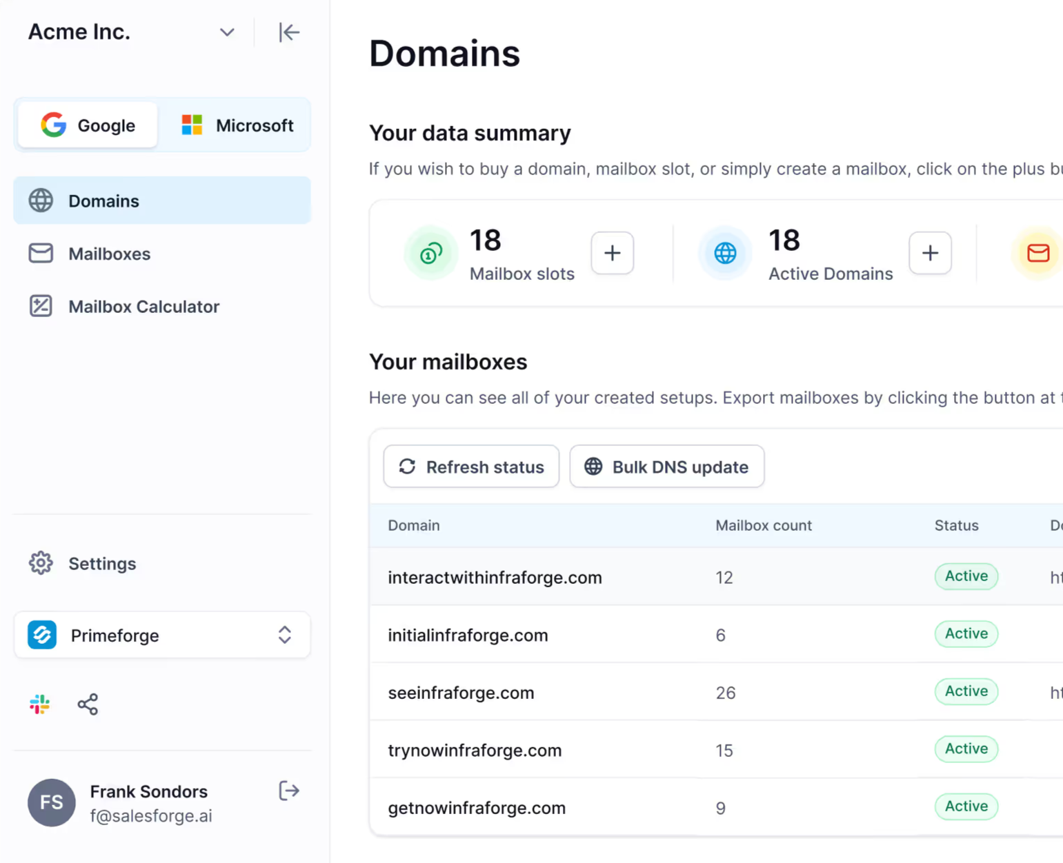 domains, mailbox slots, and status in Primeforge