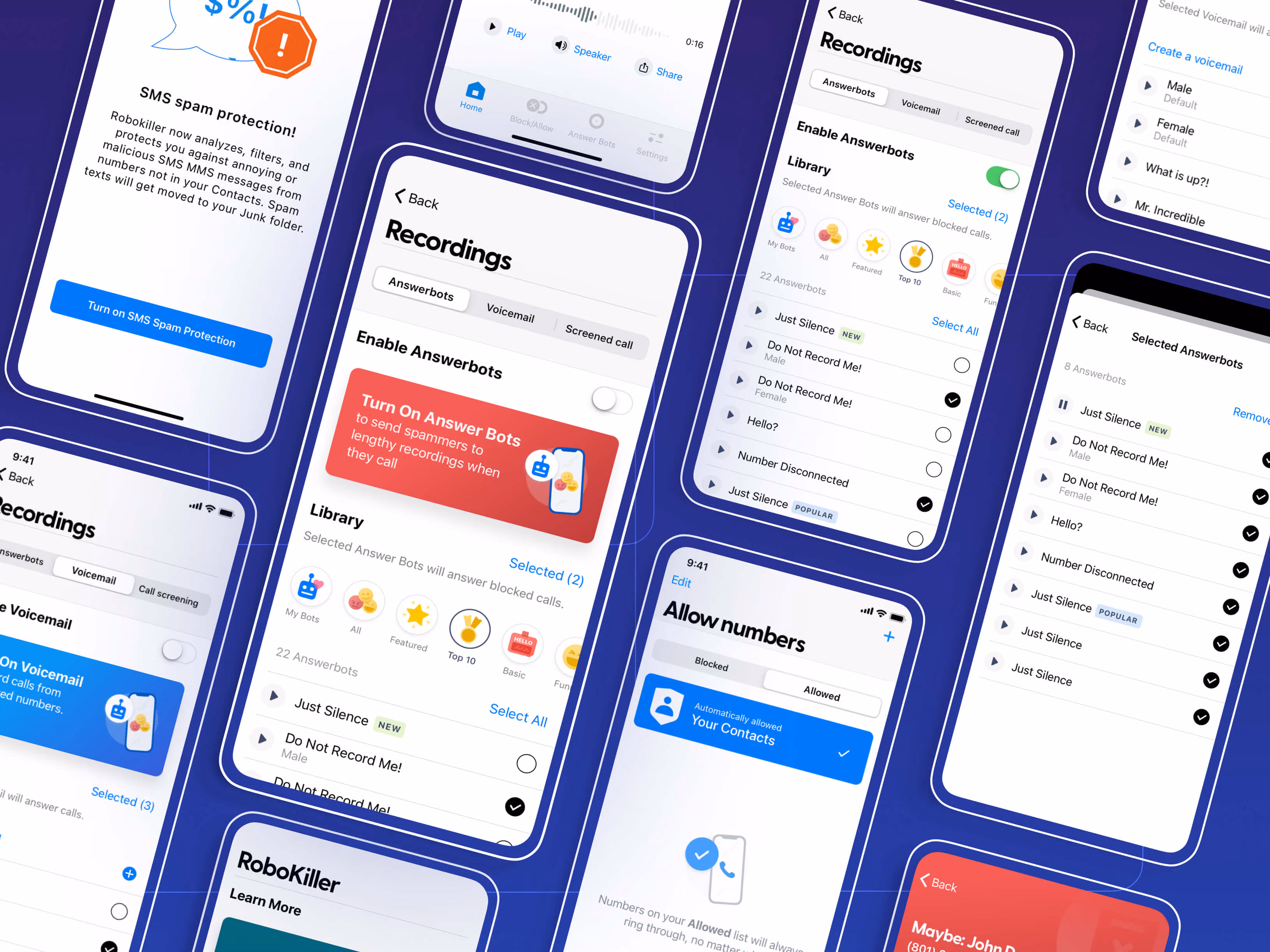 Grid of redesigned RoboKiller iPhone screens, including Recordings, Answer Bots and call settings