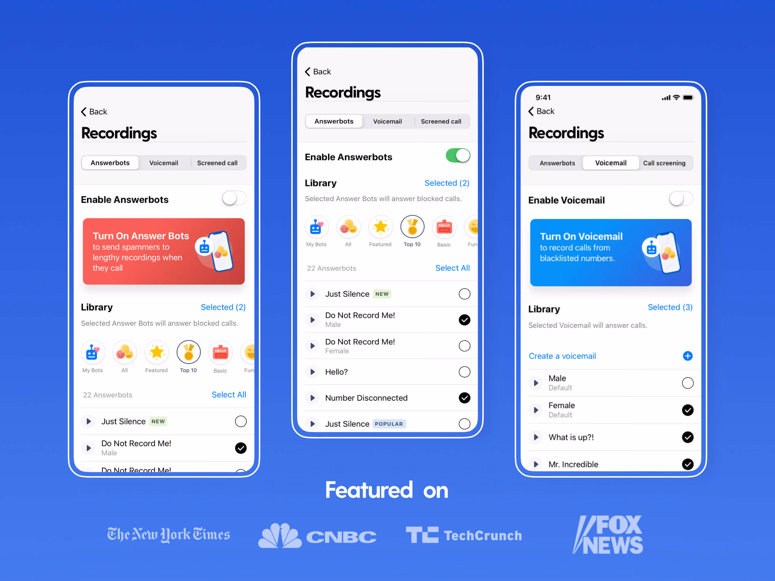 Three RoboKiller Recordings screens above press logos from The New York Times, CNBC, TechCrunch and Fox News