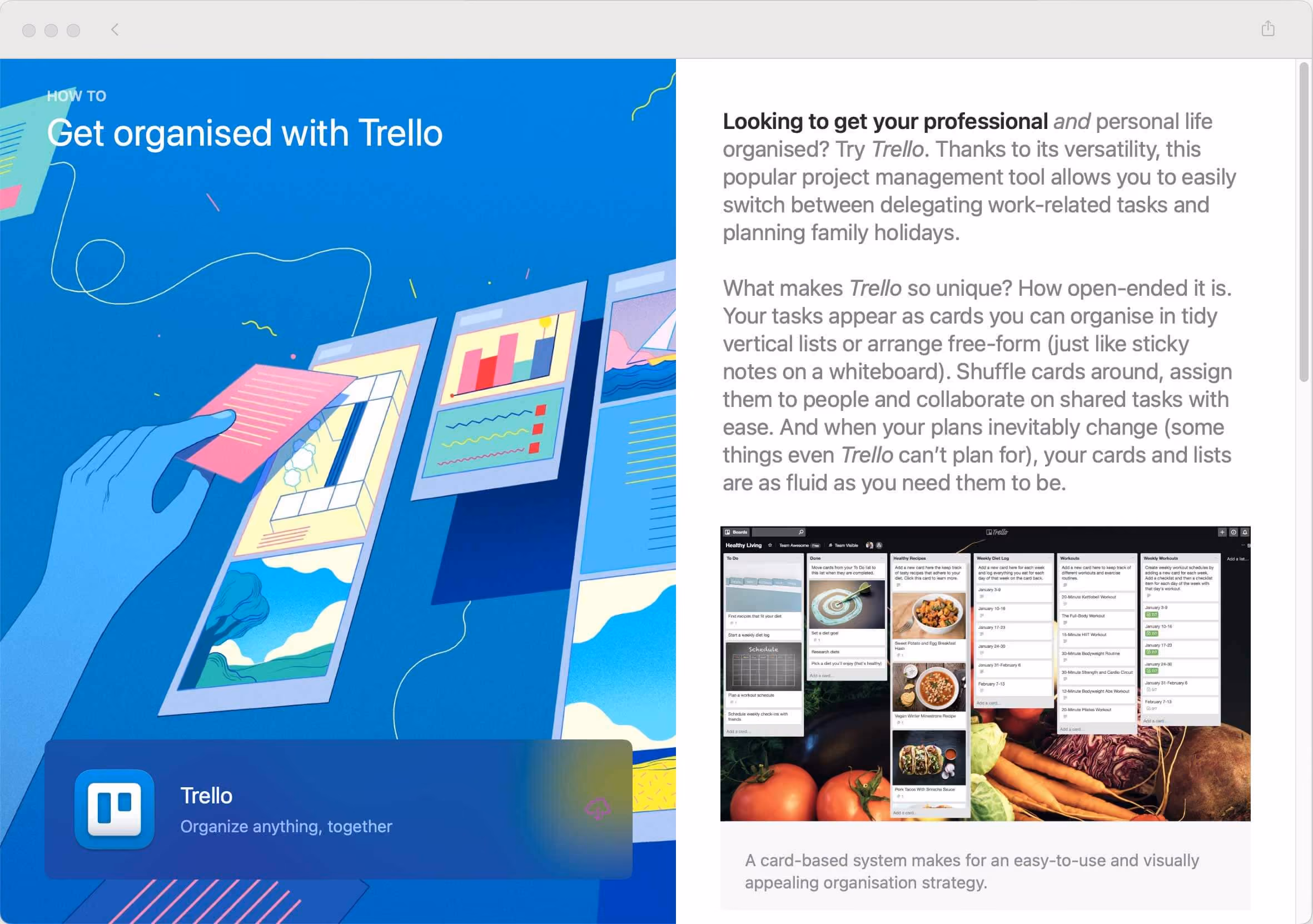 Trello desktop app listing on the Mac App Store, headed 'Get organised with Trello', with a board screenshot