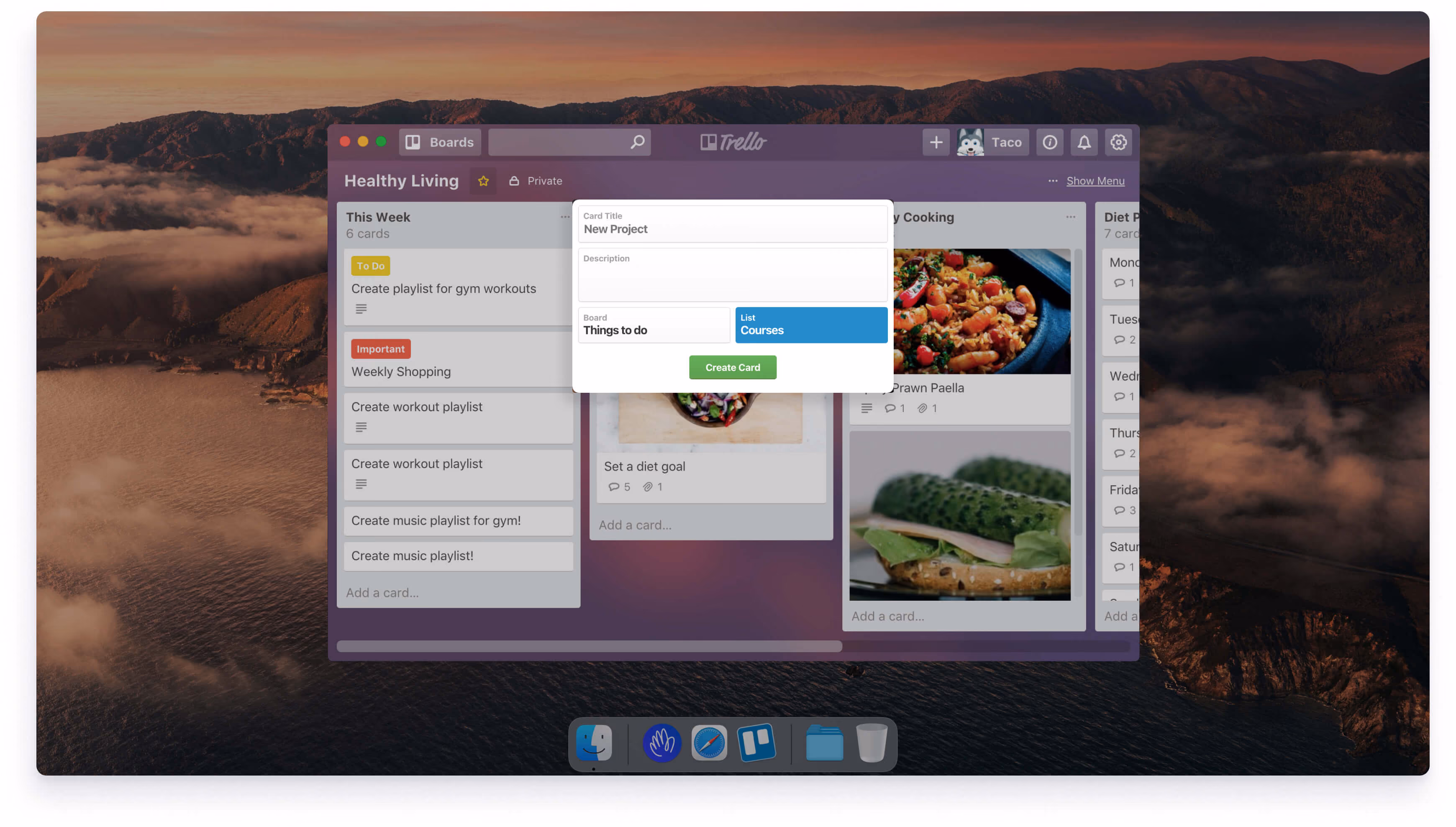 Paws for Trello running on a Mac, showing a 'Healthy Living' Trello board with a card open