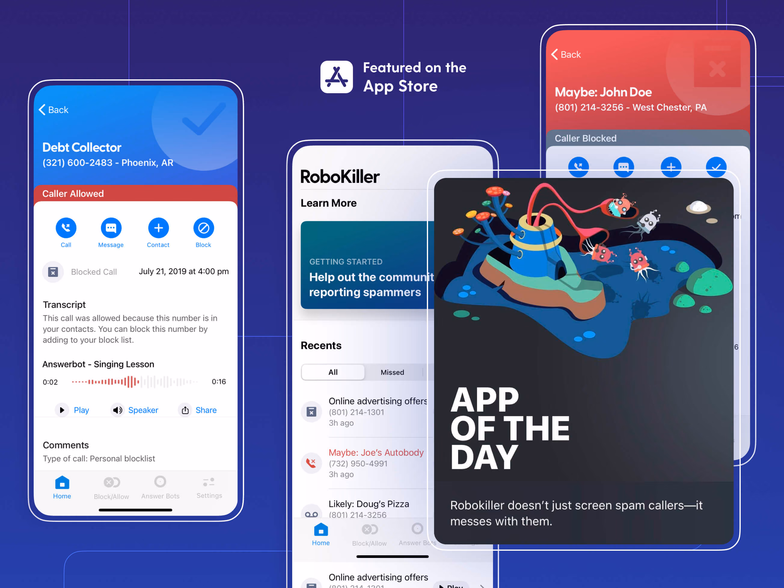 RoboKiller featured as App of the Day on the App Store, alongside recent calls and Answer Bot screens