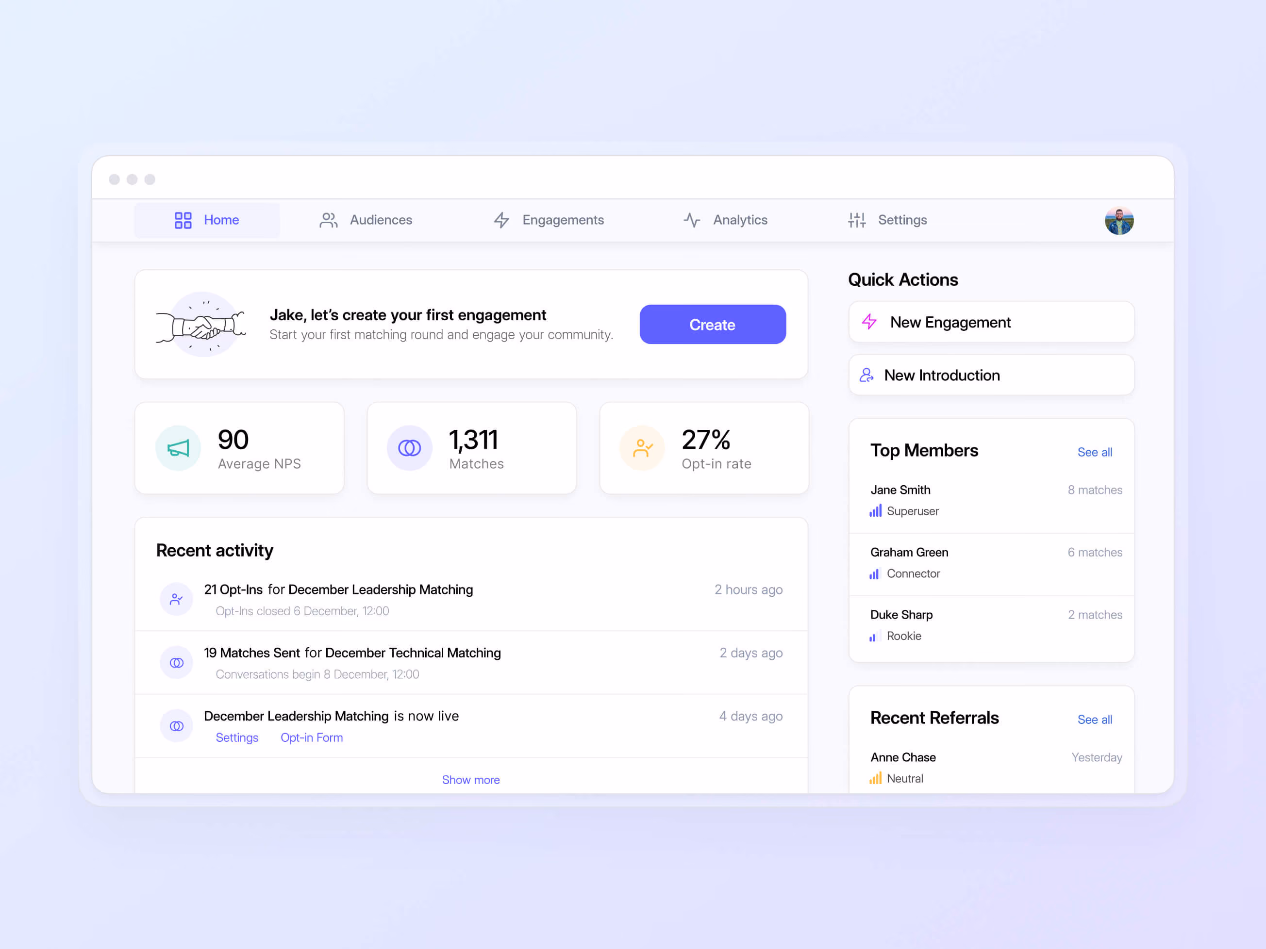 Orbiit home dashboard with average NPS, total matches and opt-in rate, recent activity, quick actions and top members