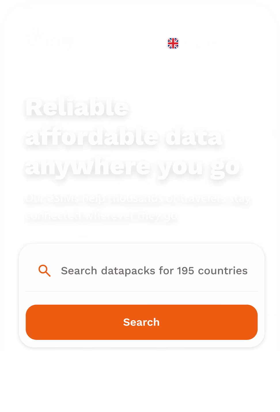Vuoly eSIM store on mobile with the headline 'Reliable affordable data anywhere you go' and a search bar for datapacks in 195 countries