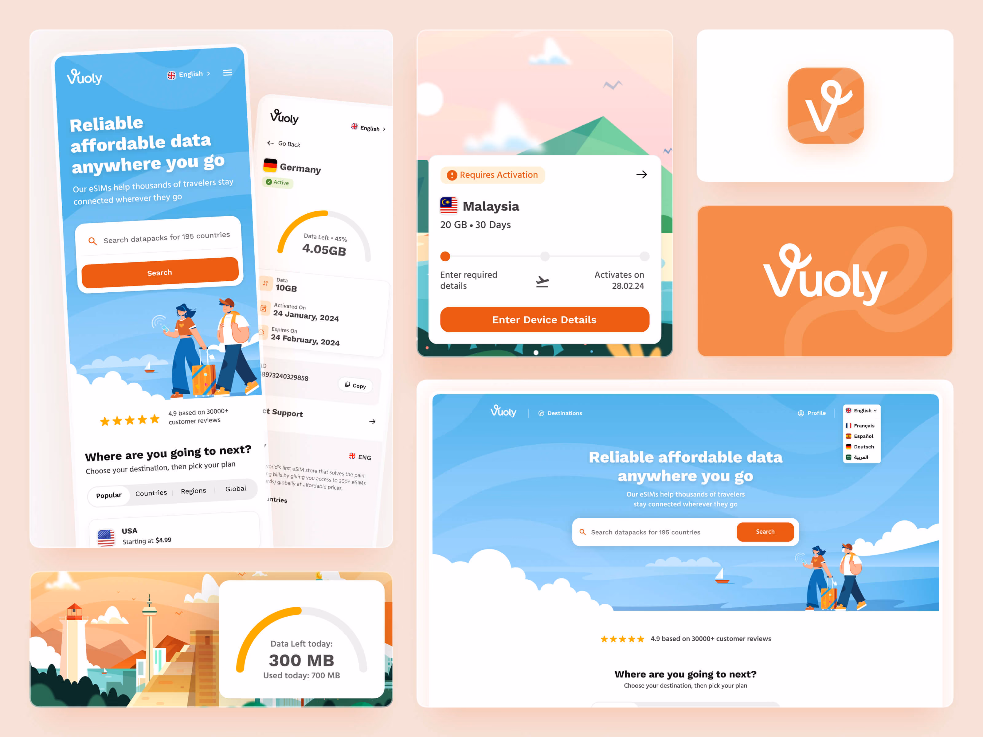 Vuoly brand and interface collage with the app icon, orange wordmark, eSIM plan cards and travel illustrations