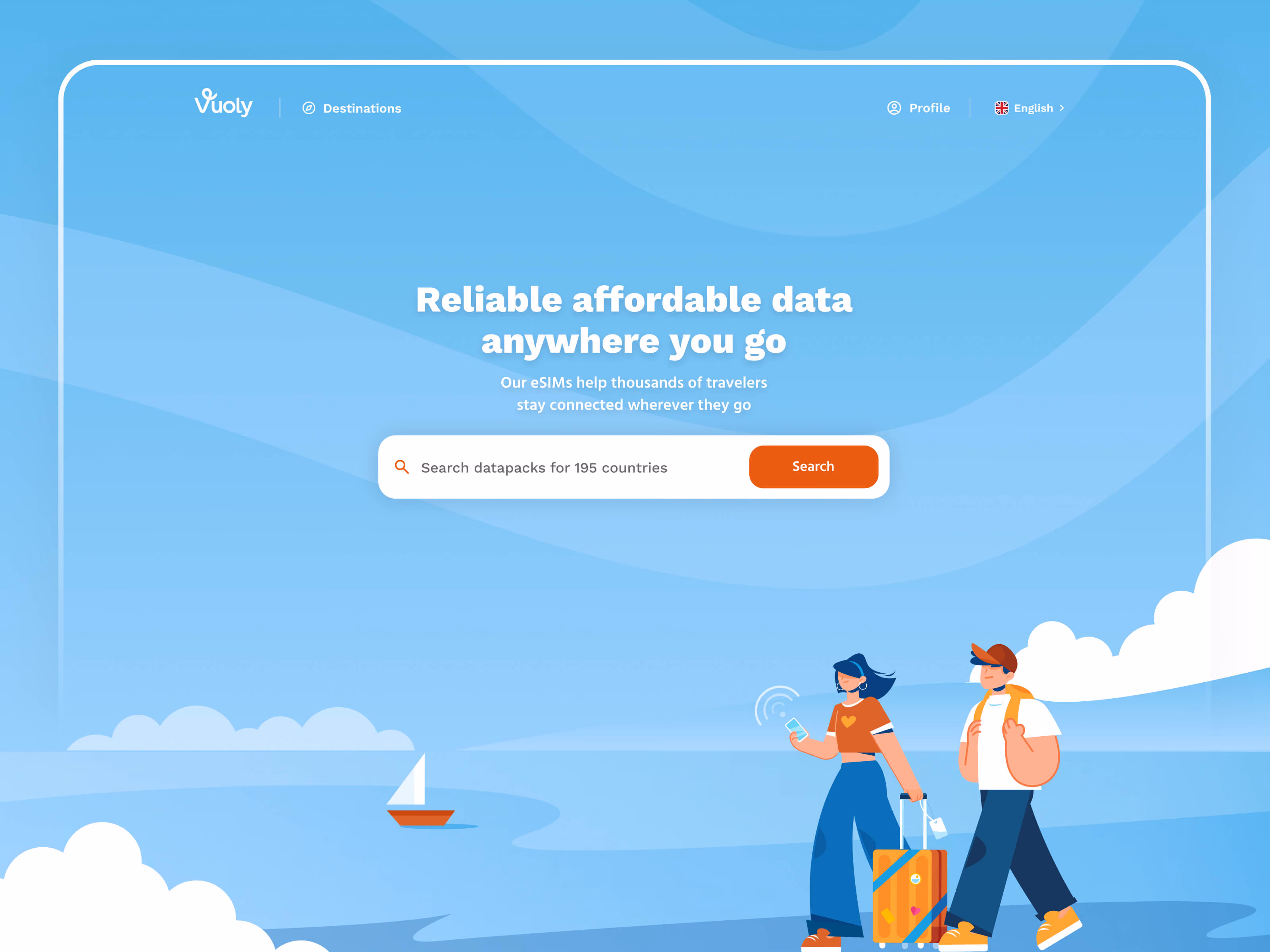 Vuoly homepage with the headline 'Reliable affordable data anywhere you go' and an illustration of two travellers by the sea