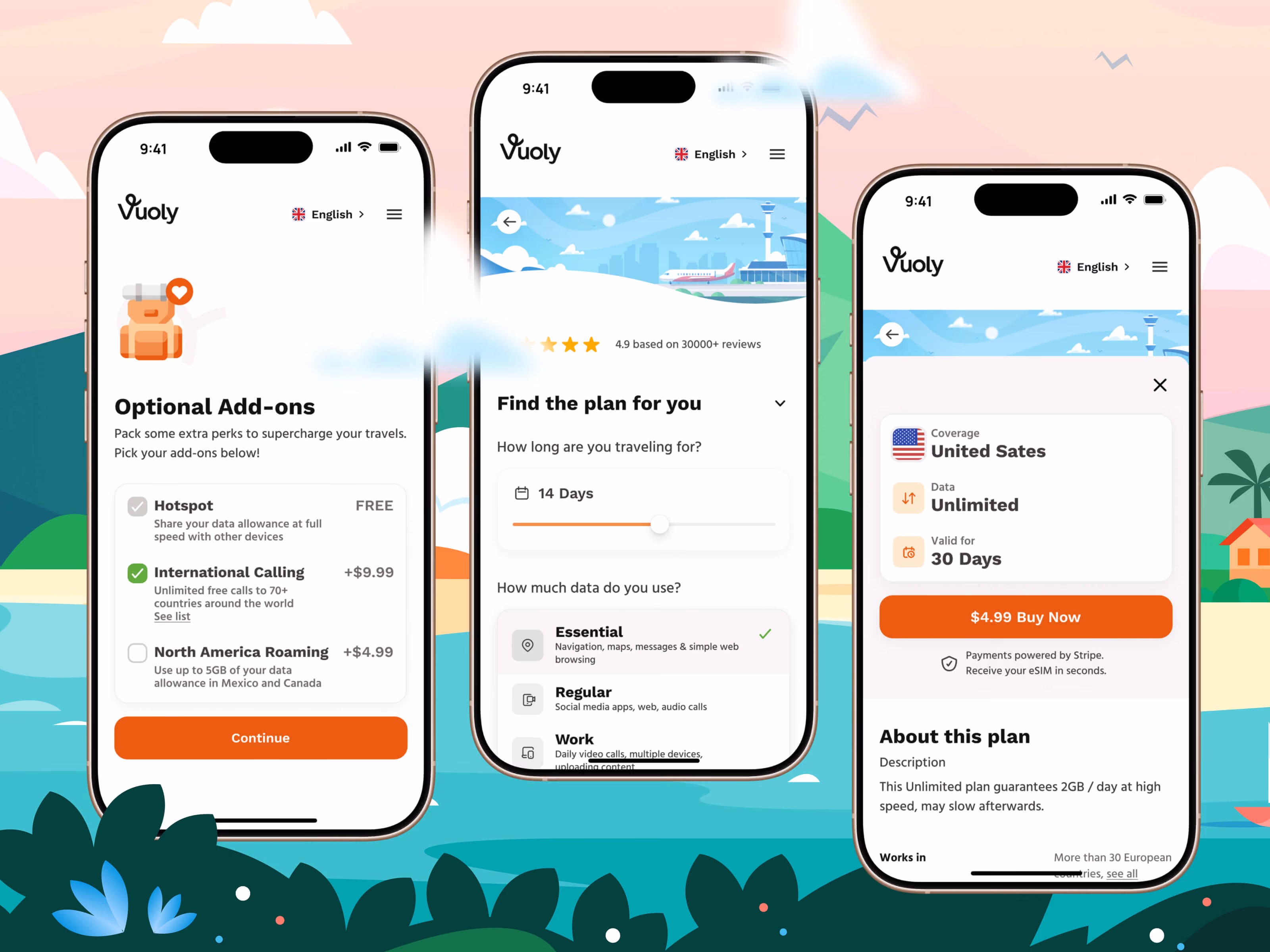 Three Vuoly mobile screens showing plan selection, optional add-ons and checkout, set against an illustrated beach scene