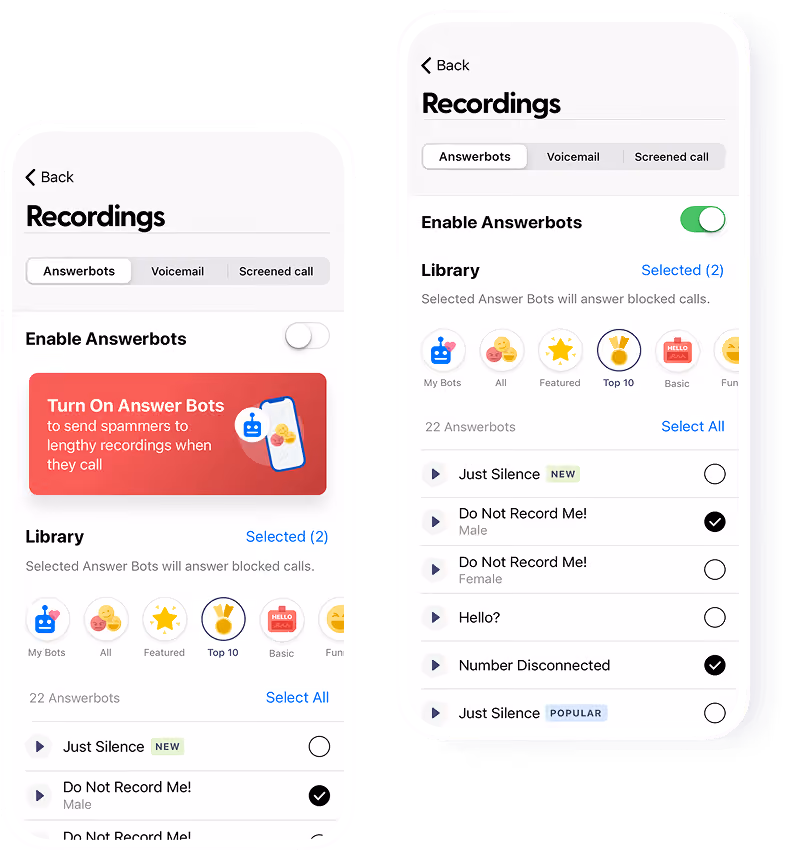 RoboKiller Recordings screens showing Answer Bot settings and a library of bot recordings