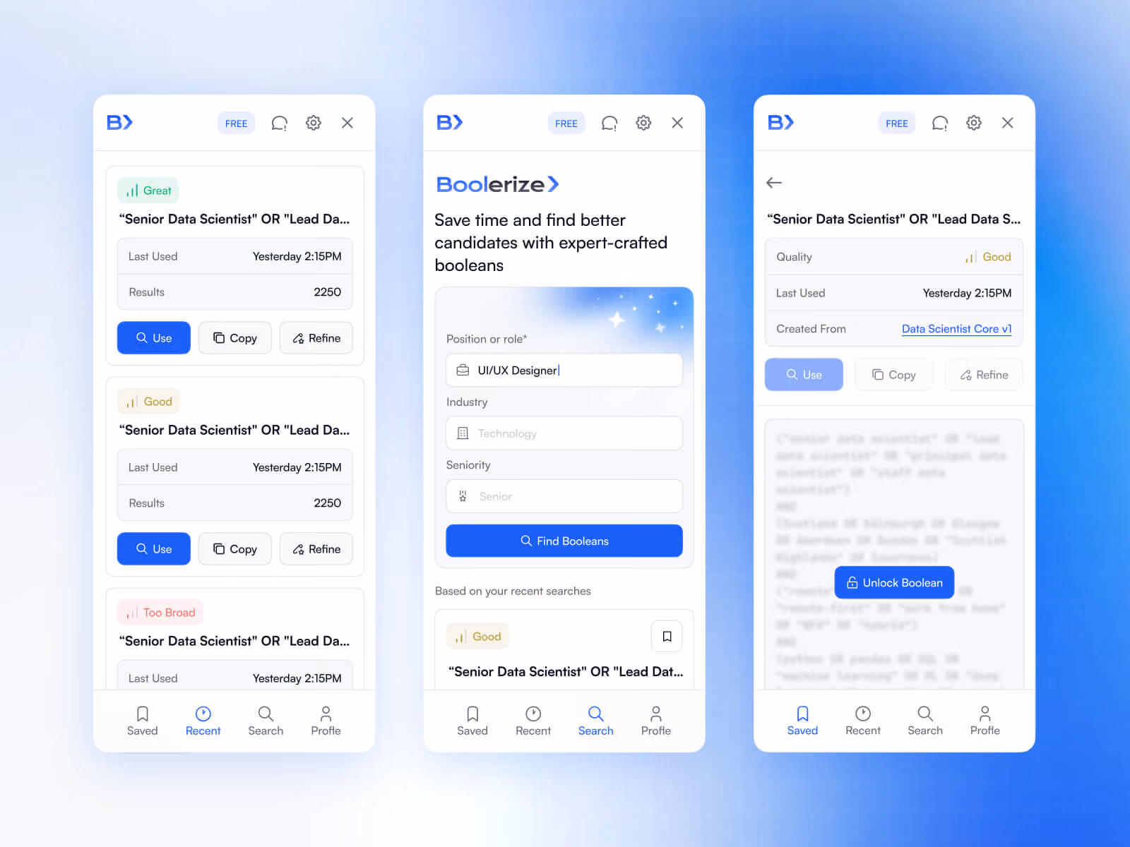 Boolerize browser extension screens for finding and saving Boolean searches