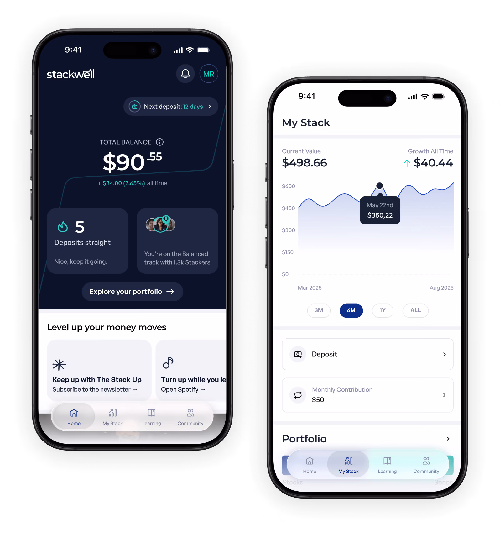 Two redesigned Stackwell app screens on iPhone: the home screen with account balance and a 'My Stack' portfolio performance chart
