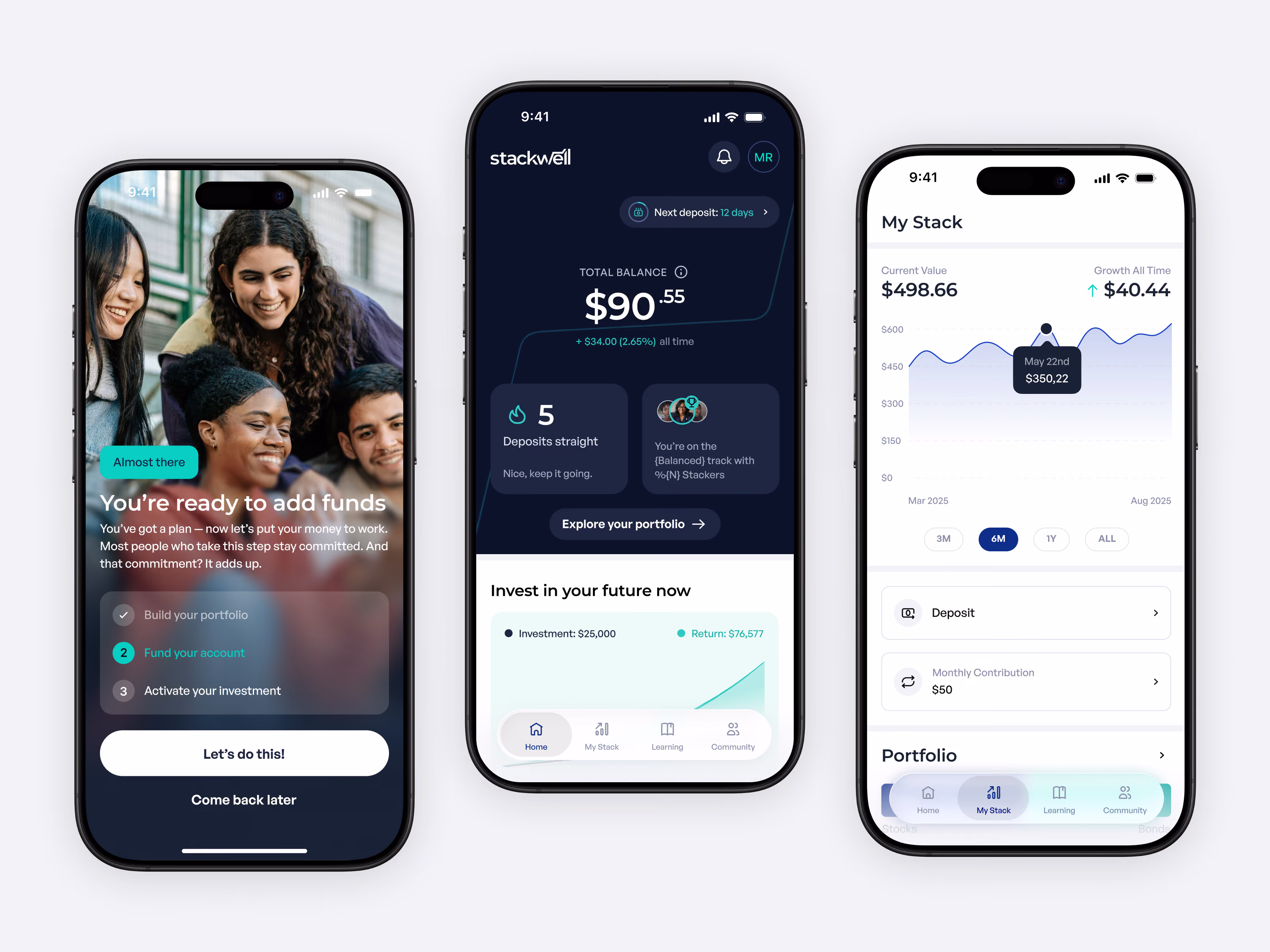 Three Stackwell app screens showing onboarding, the home dashboard and the 'My Stack' portfolio view