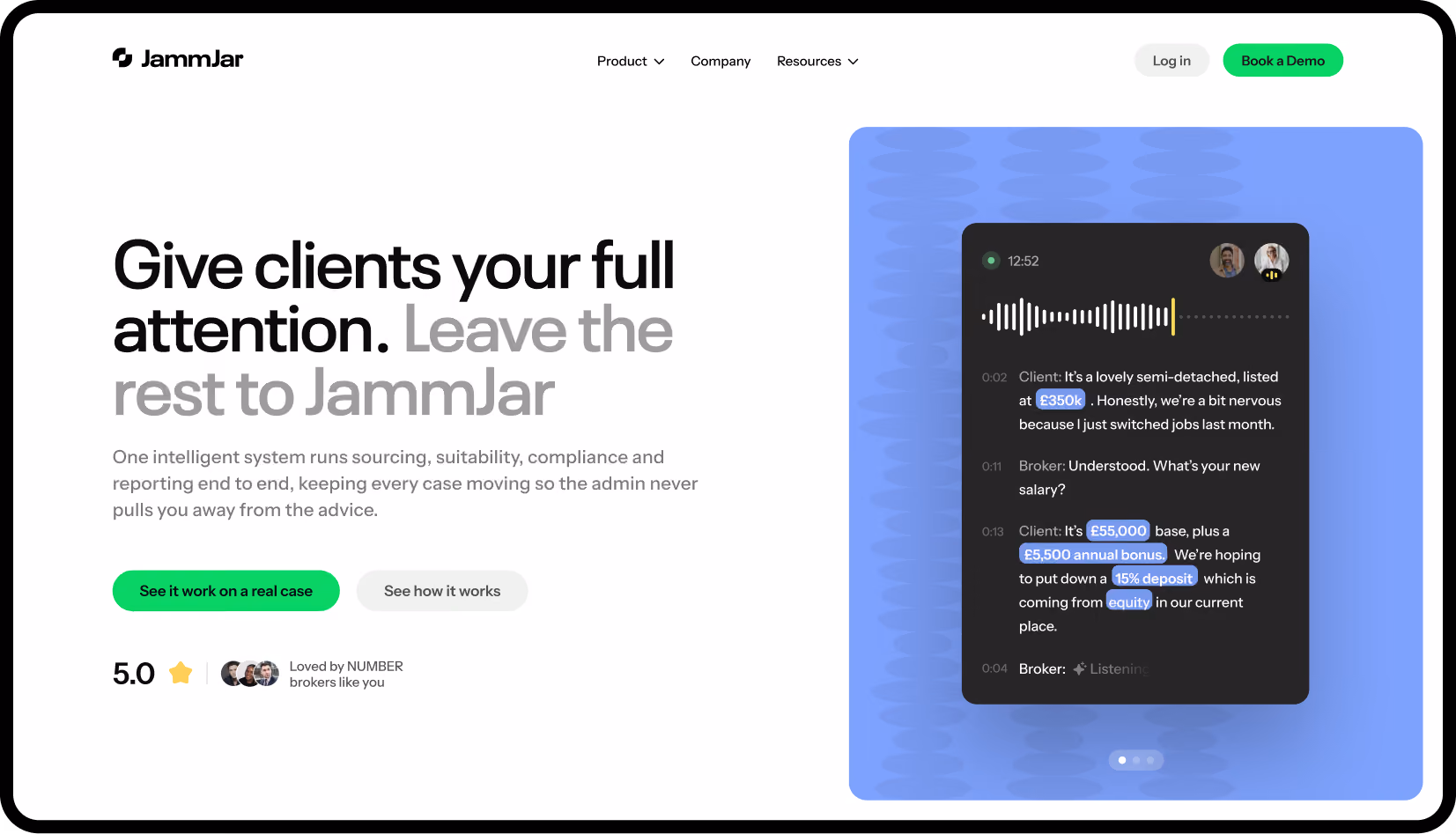 JammJar homepage design with the headline 'Give clients your full attention. Leave the rest to JammJar'