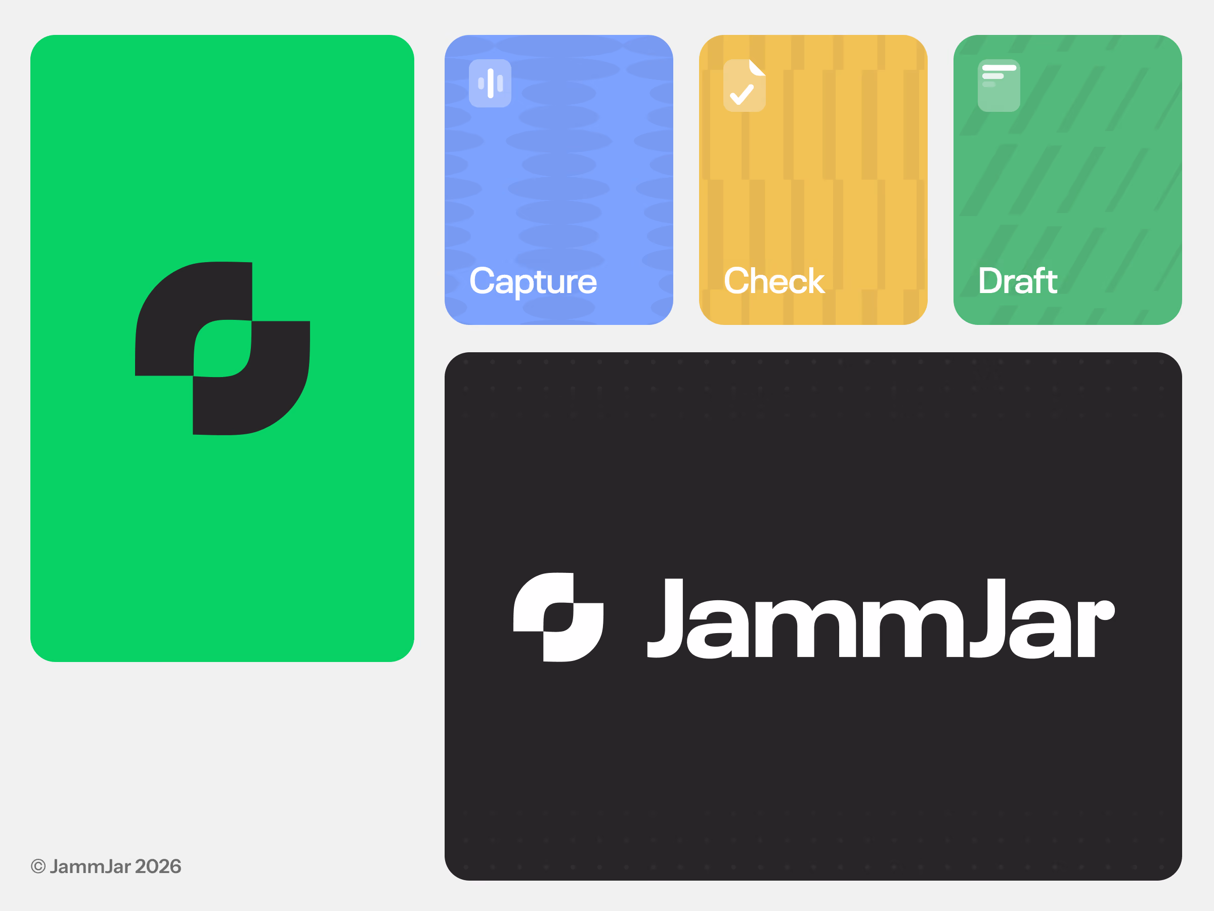 JammJar brand identity board with the logo mark, wordmark and colour-coded Capture, Check and Draft feature tiles