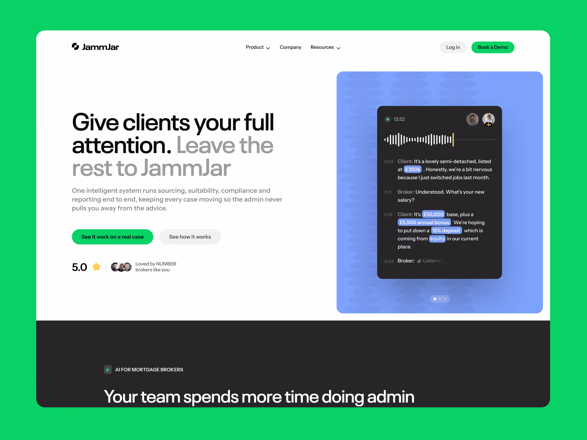 JammJar website homepage on a neon green background, showing a live call transcript in the product preview
