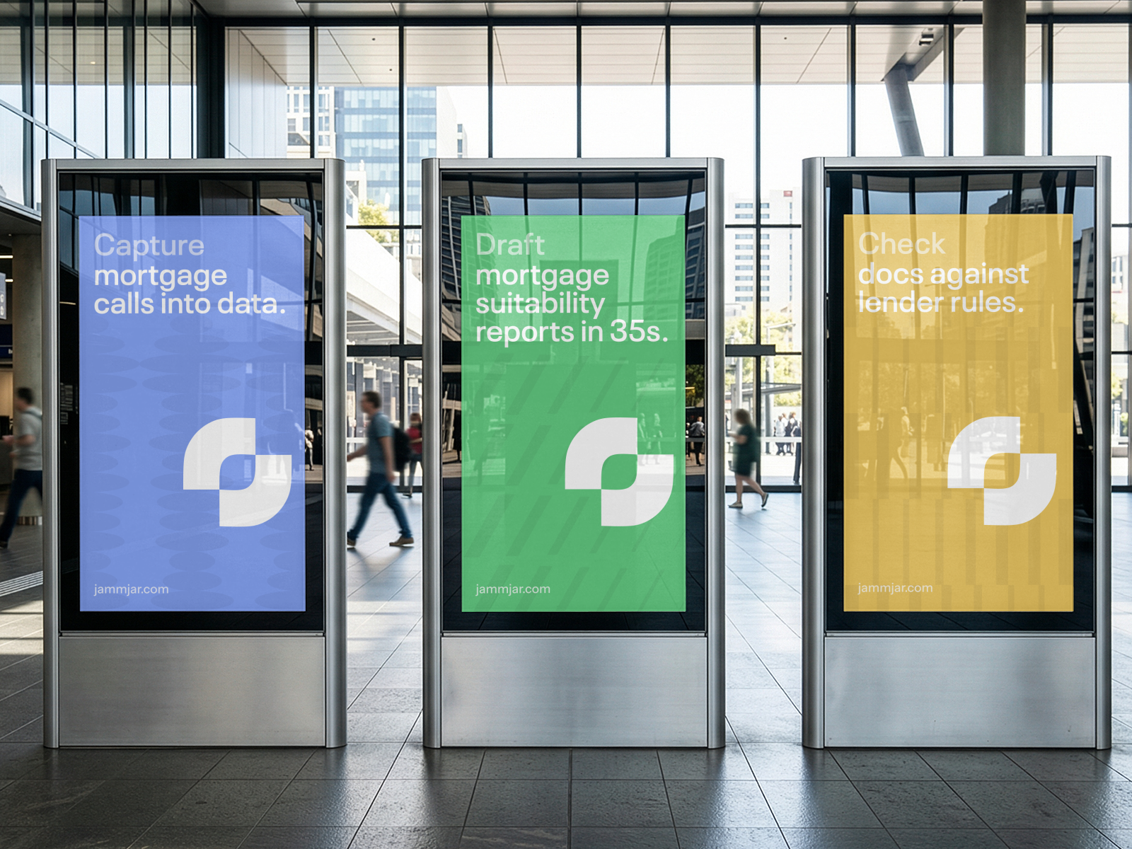 Three JammJar digital posters in a station concourse: 'Capture mortgage calls into data', 'Draft mortgage suitability reports in 35s' and 'Check docs against lender rules'