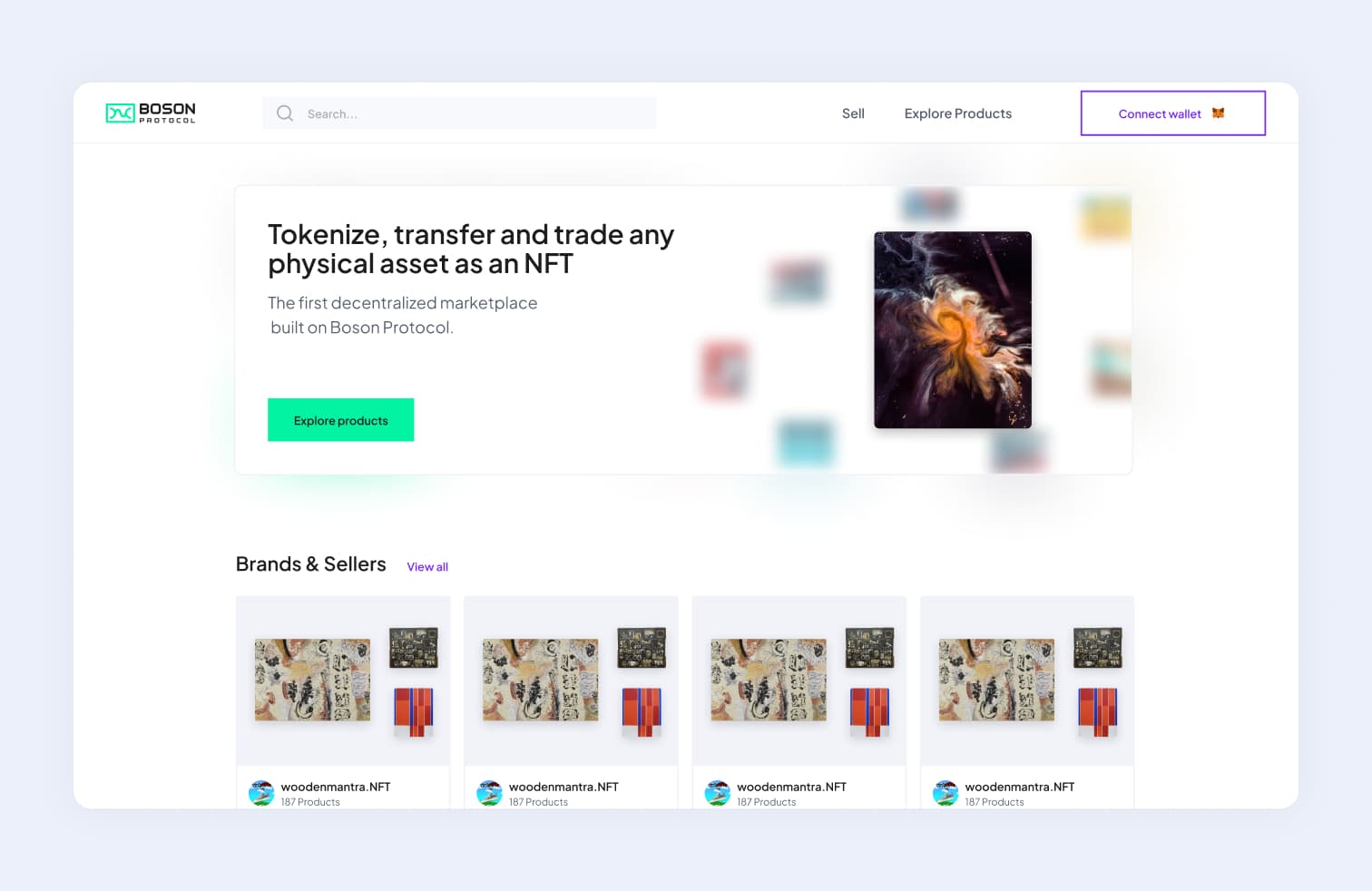 Hero-Sektion der Boson Protocol Website – Marktplatz für tokenisierte physische Güter als NFTs