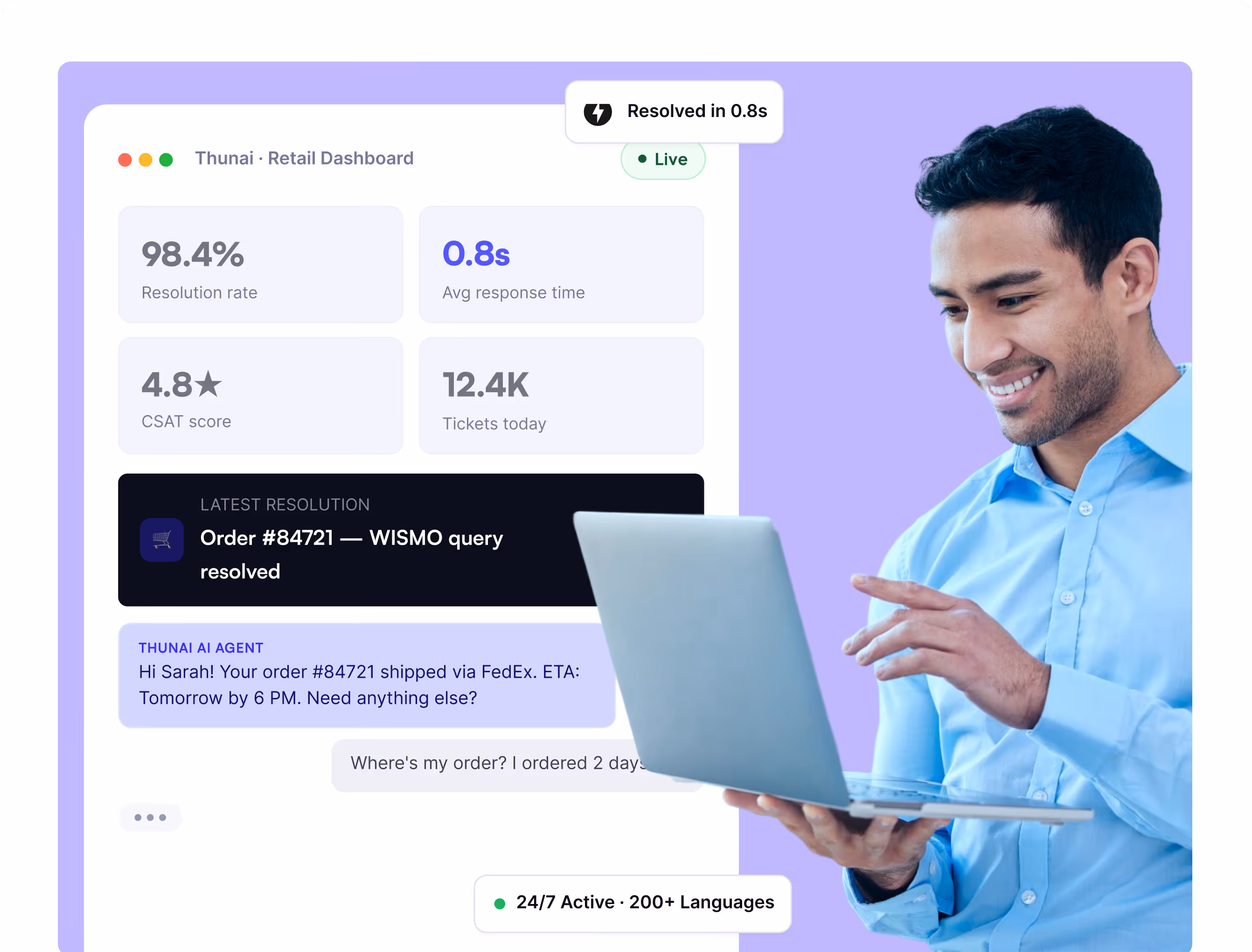 Thunai AI agent dashboard resolving retail customer support tickets in real time