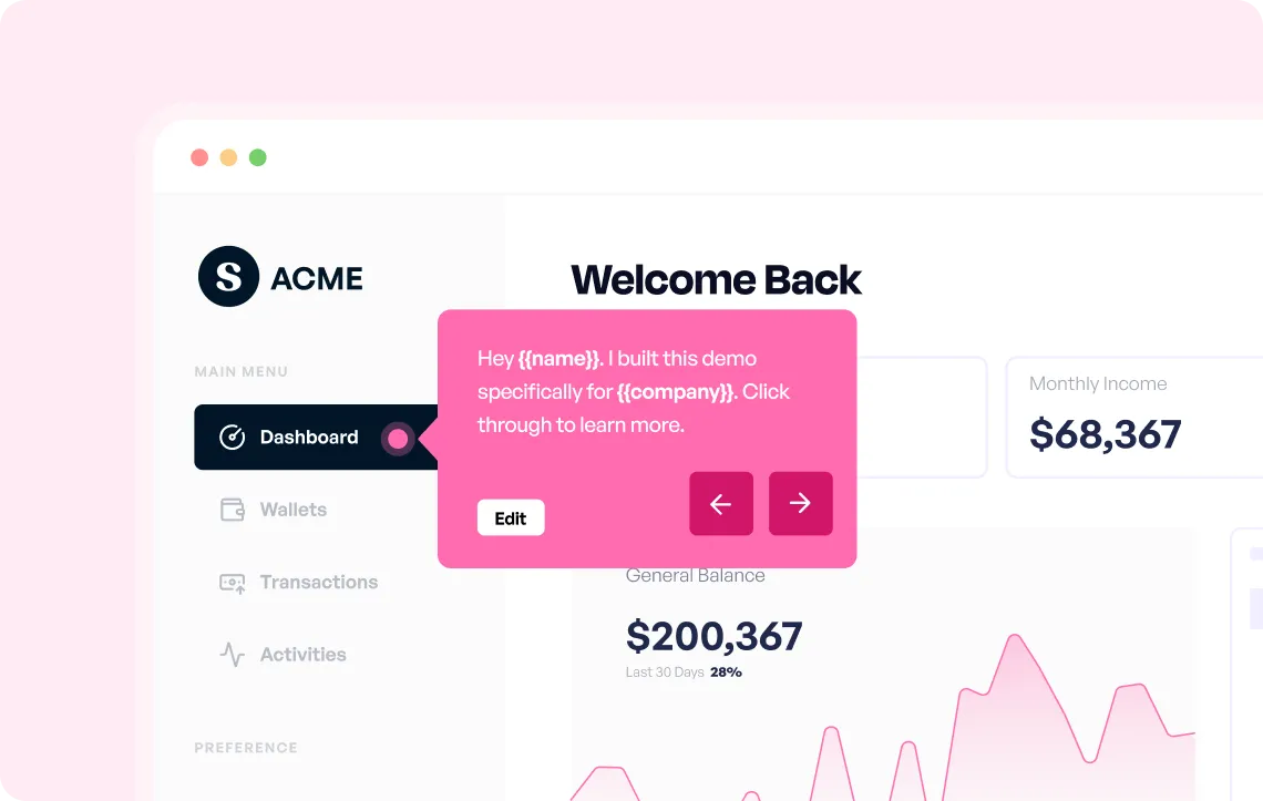 Supademo sales and enablement demo interface illustrating faster deal qualification, with highlighted dashboard and income figures.