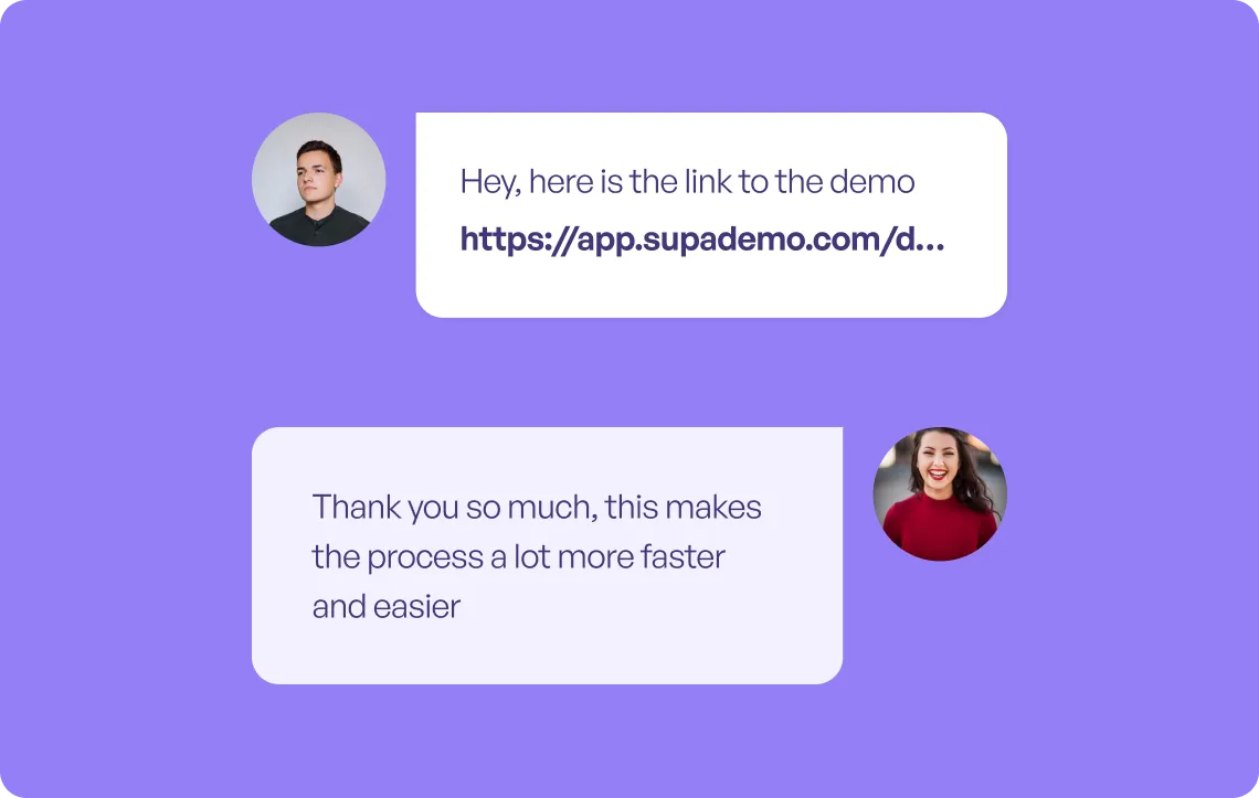 Supademo customer support demo interface displaying a chat with a demo link and user feedback, representing reduced support burden at scale.