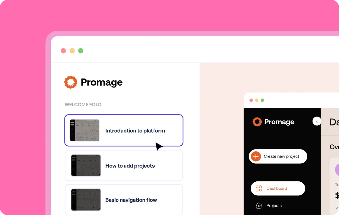 Supademo customer success dashboard with interactive tutorial list, showcasing project creation and basic platform navigation.