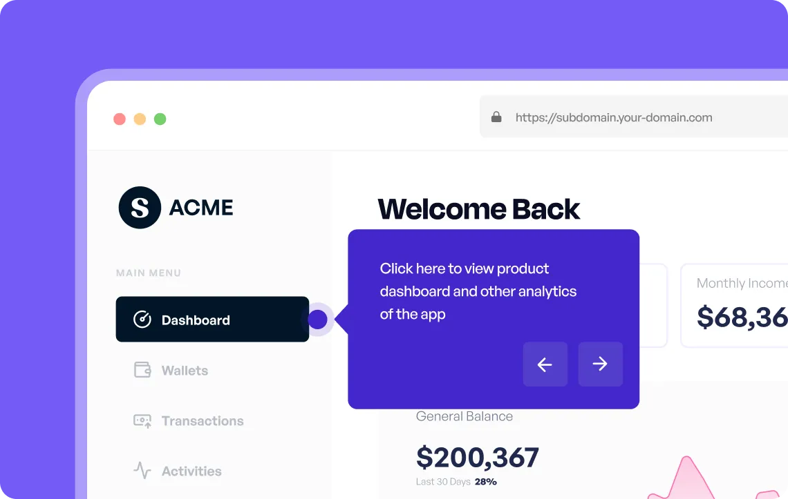 Supademo onboarding demo interface showing an app dashboard with interactive guidance, illustrating accelerated time-to-value for new users.