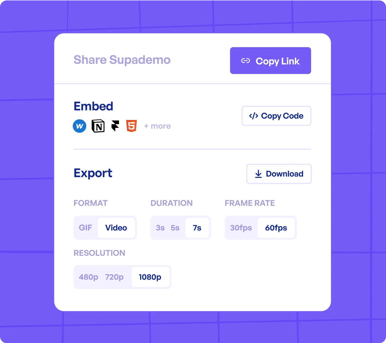 Supademo sharing panel with export options for GIF or video formats, and embed code for sharing walkthroughs in multiple formats.