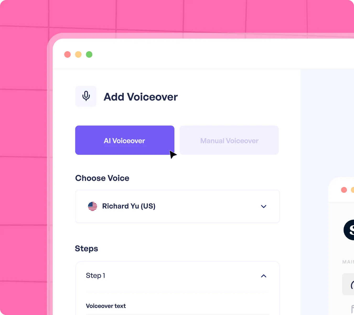 Supademo AI voiceover tool interface allowing users to instantly add personalized or AI-generated voice narration to demo steps.