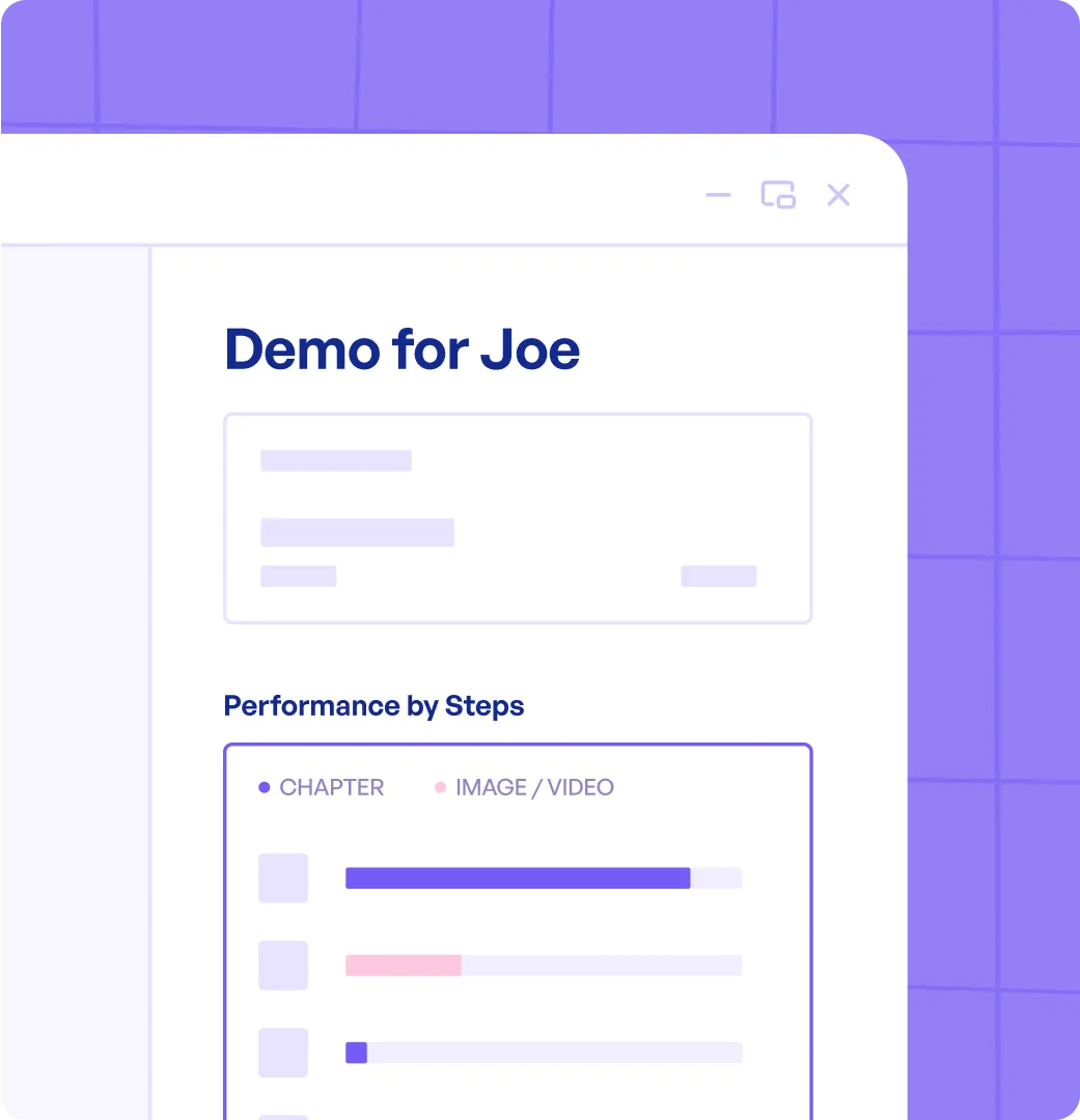 Supademo analytics dashboard, labeled "Demo for Joe," showing performance tracking, sharing, and embedding options for demos, illustrating the "Share & Track" feature.